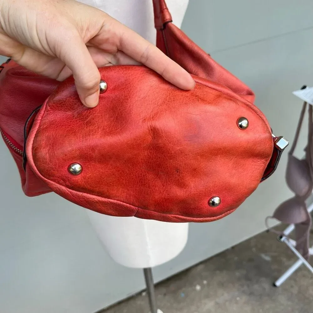 VTG B. Makowsky Coral Red Leather Hobo Bag | Slouchy Bucket Shoulder Purse